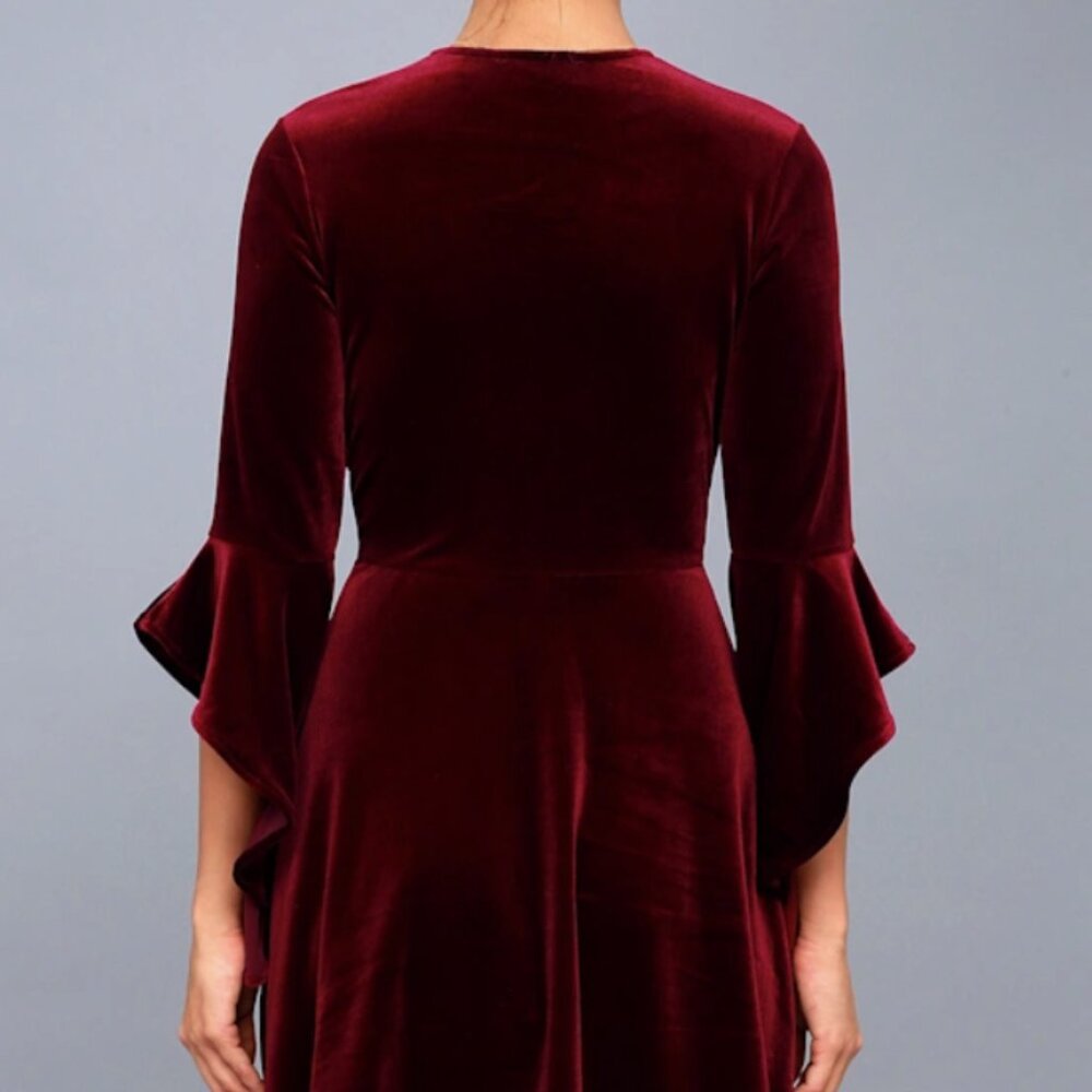 Lulus Wrapped in Luxe Burgundy Velvet Bell Sleeve Skater Dress - Picture 3 of 7